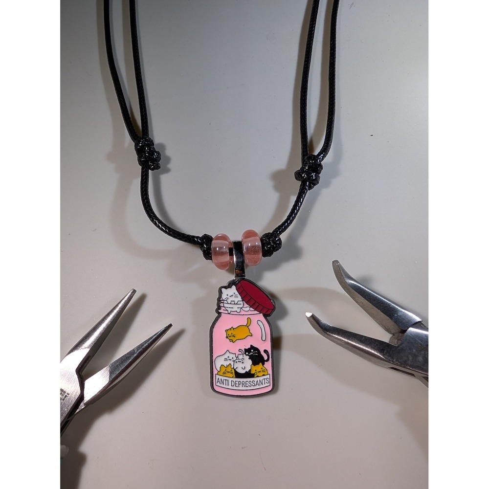 Anti Depressants Cat Enamel Pin Repurposed Necklace Pink Adjustable Cord Pendant